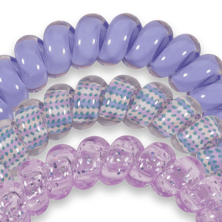 Set of 3 Lavender Mist TELETIES: solid lavender, clear with pastel dots, light purple with glitter. Available in multiple sizes.