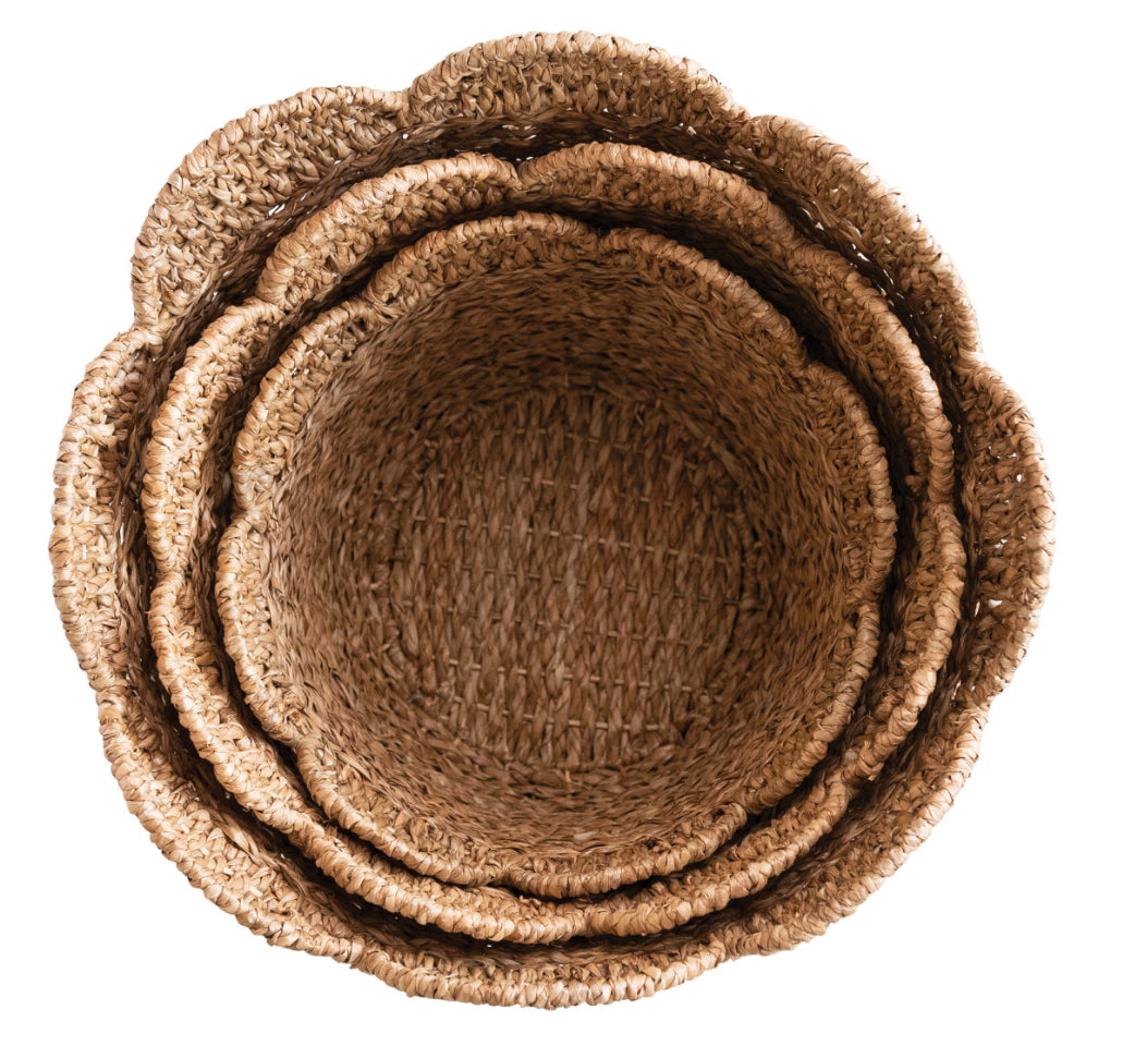 Braided Bankuan &amp; Rattan Baskets, scalloped edges, natural fibers; available in three nested sizes.