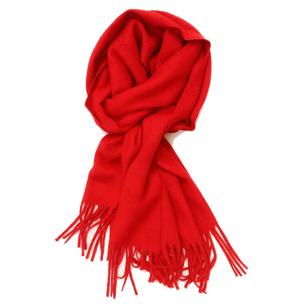 Soft red oblong scarf with embroidered rose pattern and fringed ends; available in one size.