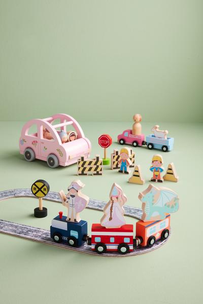 Train Wood Toy Set with pink car, two vehicles, construction workers, road signs, fairy-tale characters; sizes available.