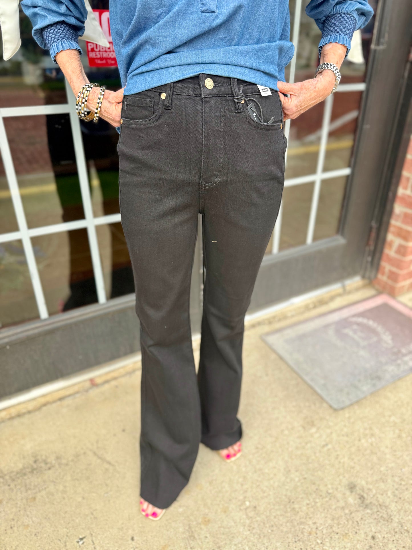 Judy Blue HW Tummy Control Cut Hem Black Flare Jeans, available in sizes 0-24.