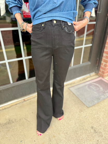 Judy Blue HW Tummy Control Cut Hem Black Flare Jeans, available in sizes 0-24.