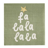 Sage green holiday cocktail napkins with white “fa la la la la” text in a tree shape topped with a gold star.