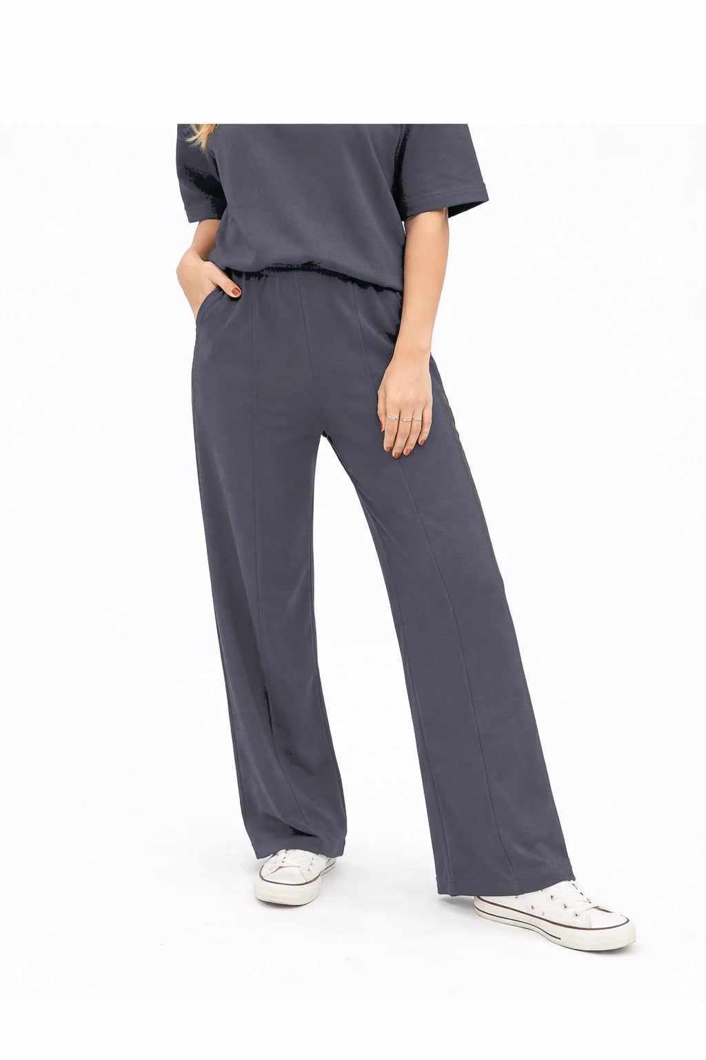 Slate Blue Butter Soft Pants featuring a relaxed fit; available in sizes XS-XL.