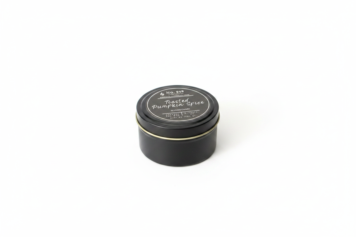 5.75 oz Wickless Candle made from coconut soy wax in a black tin with a gold rim, labeled "Toasted Pumpkin Spice.