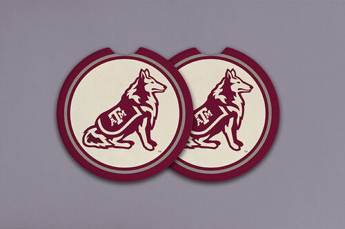 Two round maroon and white Texas A&M Mascot Car Coasters featuring a sitting dog with "ATM" on its body. Available sizes not specified.
