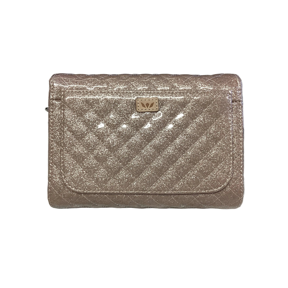 On The Town, Ori quilted glittery rose gold mini messenger bag with flap, magnetic closure, and logo emblem. Mini size.
