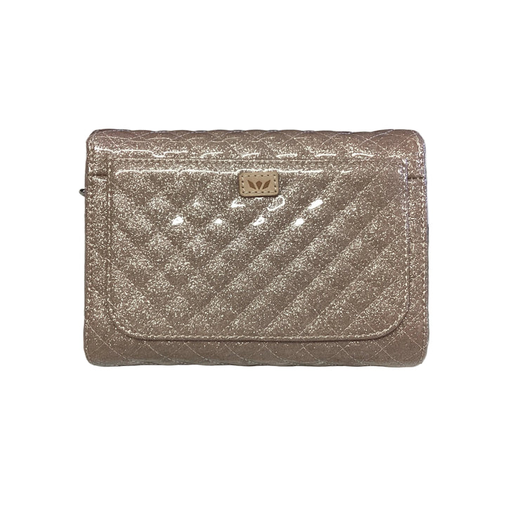 On The Town, Ori quilted glittery rose gold mini messenger bag with flap, magnetic closure, and logo emblem. Mini size.