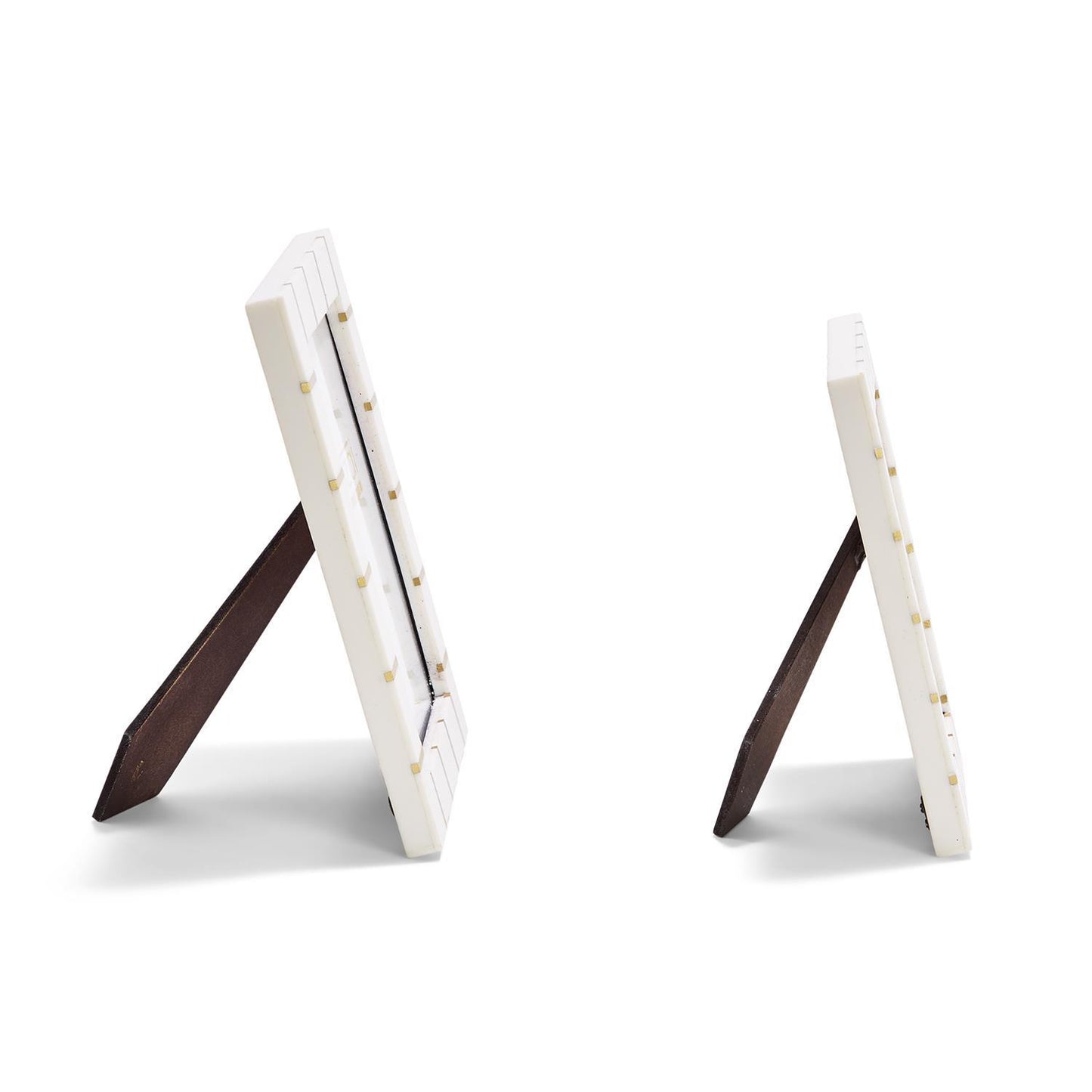 Set of two Brass Lines Photo Frames with black stands, one larger and one smaller, both empty and tabletop-ready. Sizes: large and small.