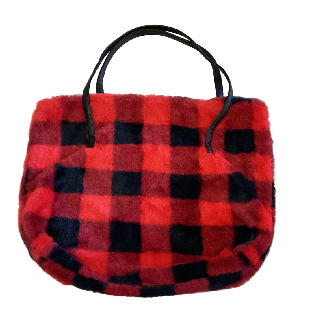 Red and black buffalo plaid faux fur zipper tote bag with thin black shoulder straps. Available in various sizes.