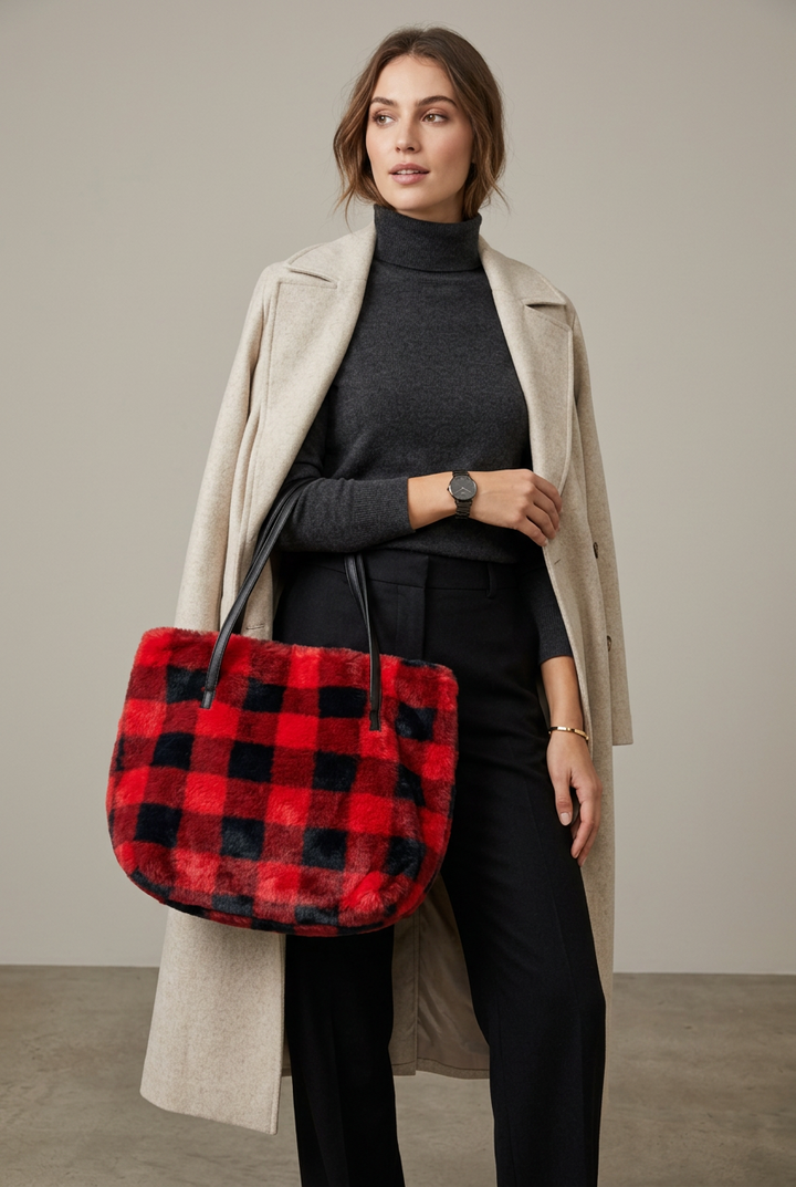 Red and black faux fur Buffalo Plaid Zipper Tote Bag with fuzzy texture and black handles.