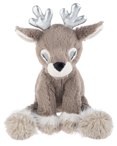 Cuddleprance Reindeer plush in brown fur with silver metallic antlers and white faux fur trim.