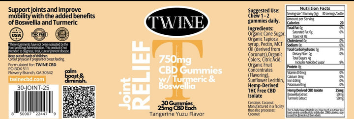 Joint Relief Gummies label, 750mg CBD isolate, Turmeric &amp; Boswellia, tangerine yuzu. Supplement facts and QR code shown.