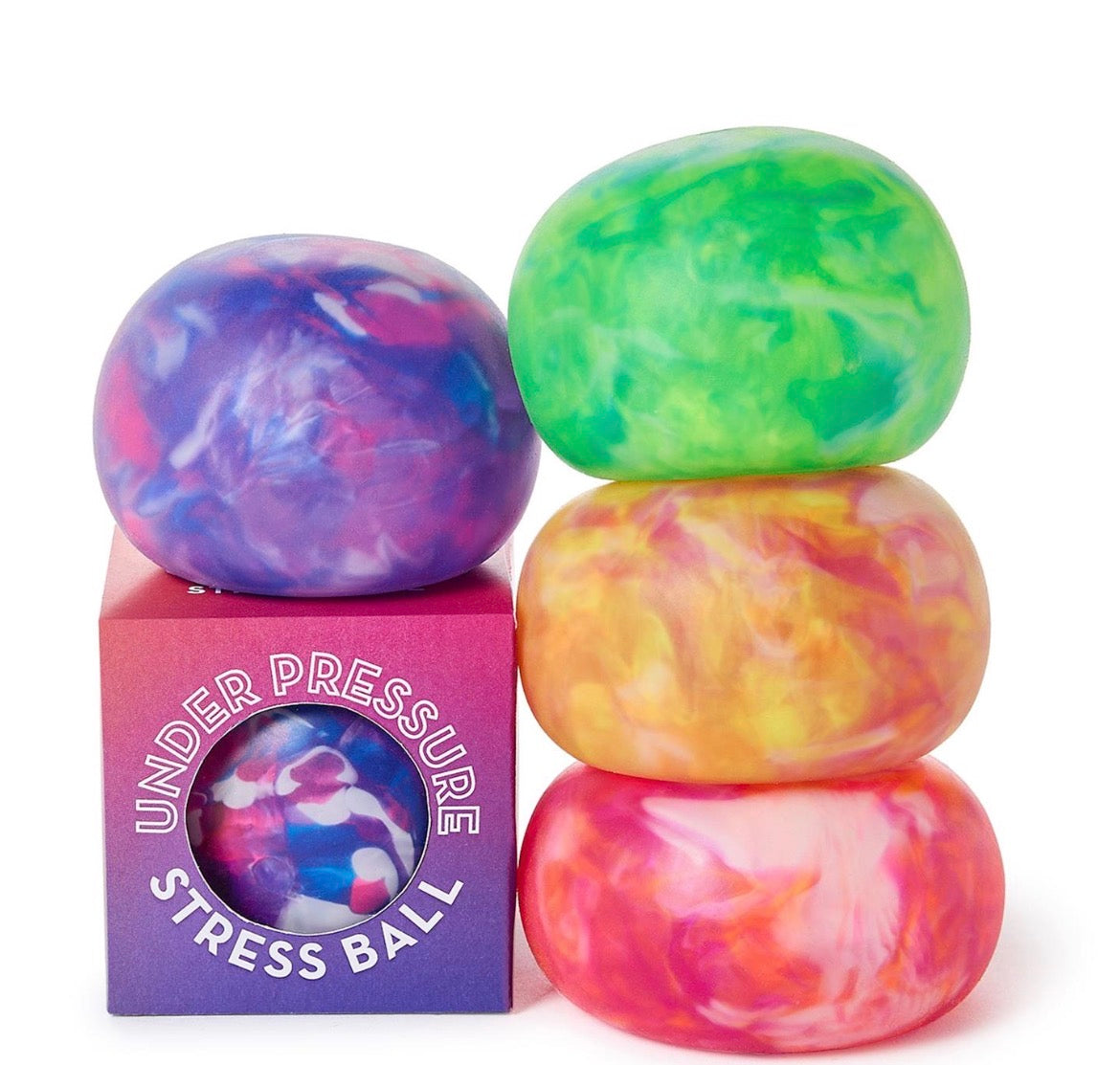 Under Pressure Marbled Stress Balls in blue and pink marbled designs, available in small, medium, and large sizes.