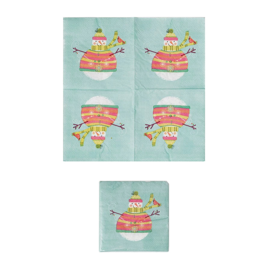 Four 4” square snowman paper cocktail napkins featuring a snowman in a striped hat and sweater.