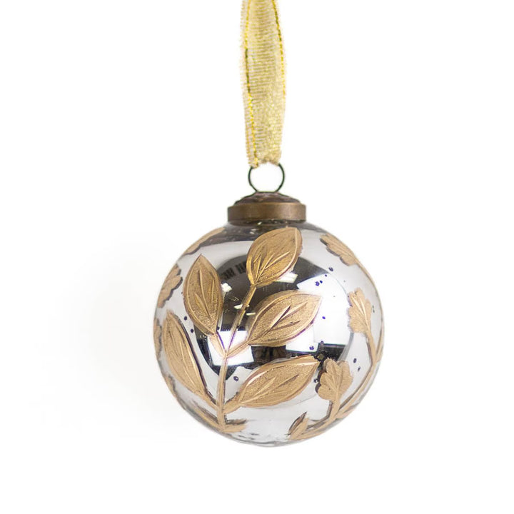 Seina Glass Ornament, 3”, silver glass ornament with metallic finish, gold leaf detailing, and gold ribbon.