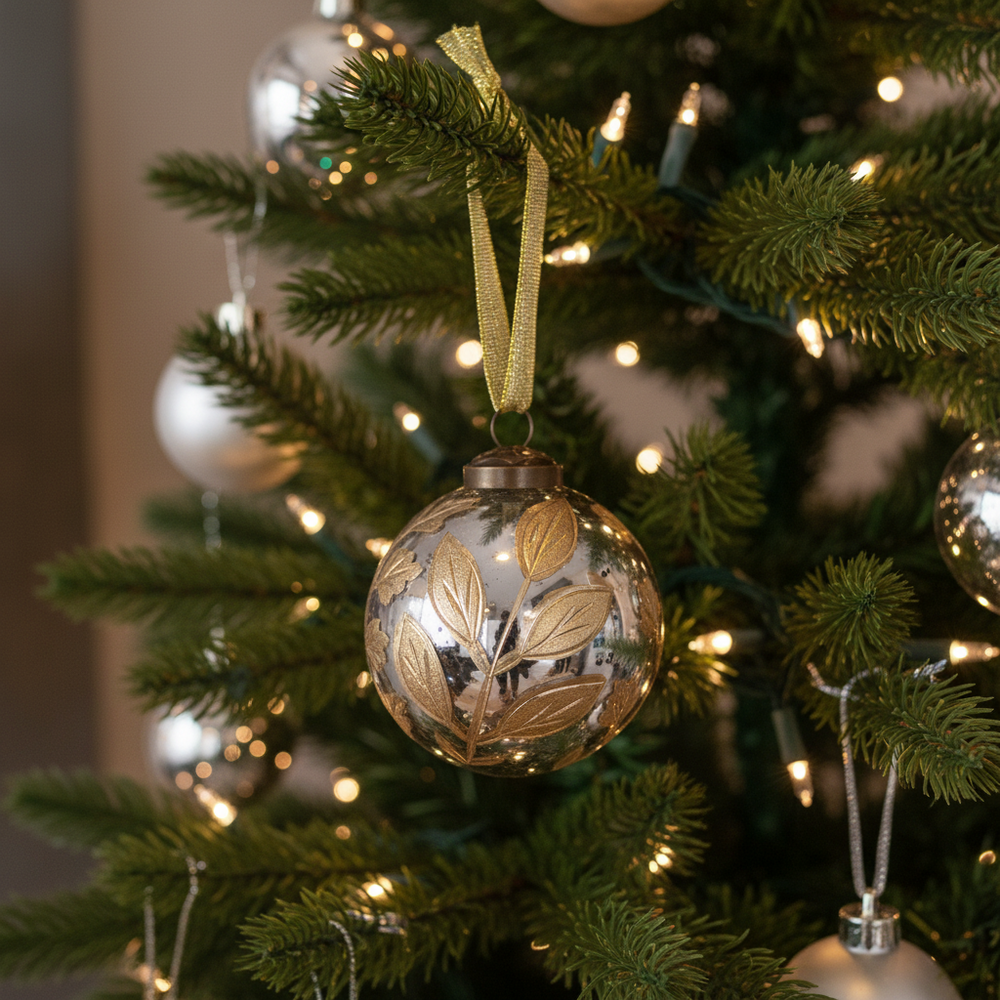 Seina Glass Ornament, 3” round silver glass ornament with gold leaf design.