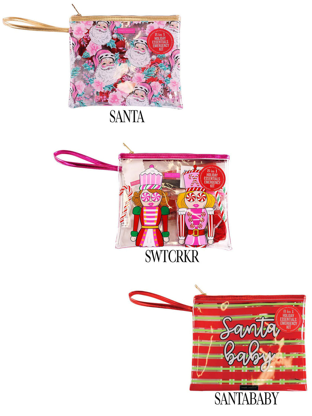 Three transparent zippered pouches from the 8 in 1 Holiday Essentials Emergency Kit with Santa, nutcracker, and “Santa baby” designs.