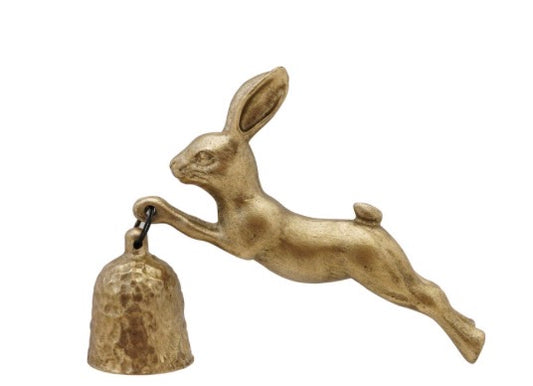 Pewter rabbit candle snuffer in antique gold with leaping rabbit holding a small bell; available in small and large sizes.