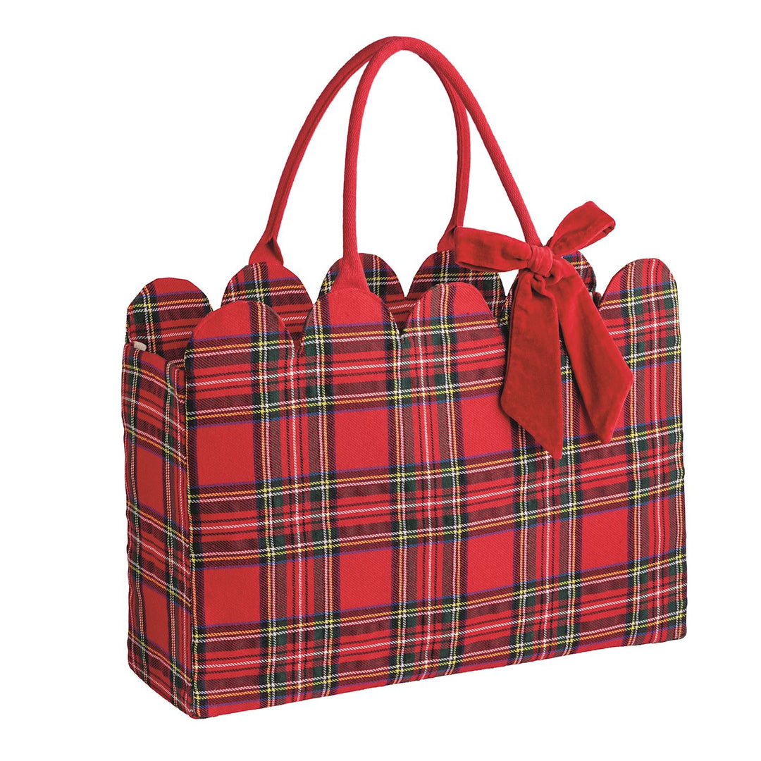 Red tartan tote with scalloped top, red handles, and a red velvet bow.