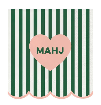 Mahj Cocktail Napkins feature vertical green and white stripes, scalloped pink edges, and a central pink heart with “MAHJ.” Available in cocktail size.