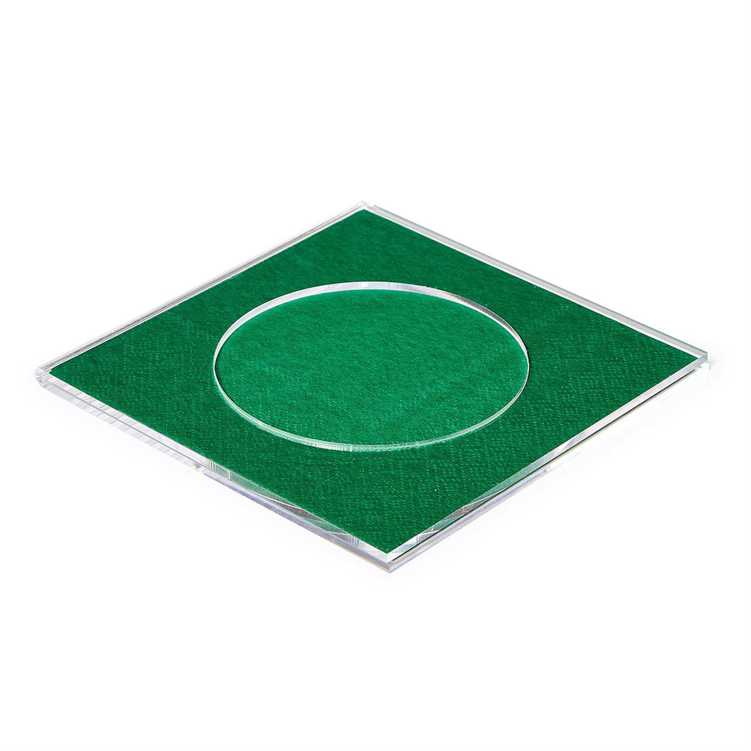 Customizable square clear acrylic coaster with a green felt center insert and circular cutout.