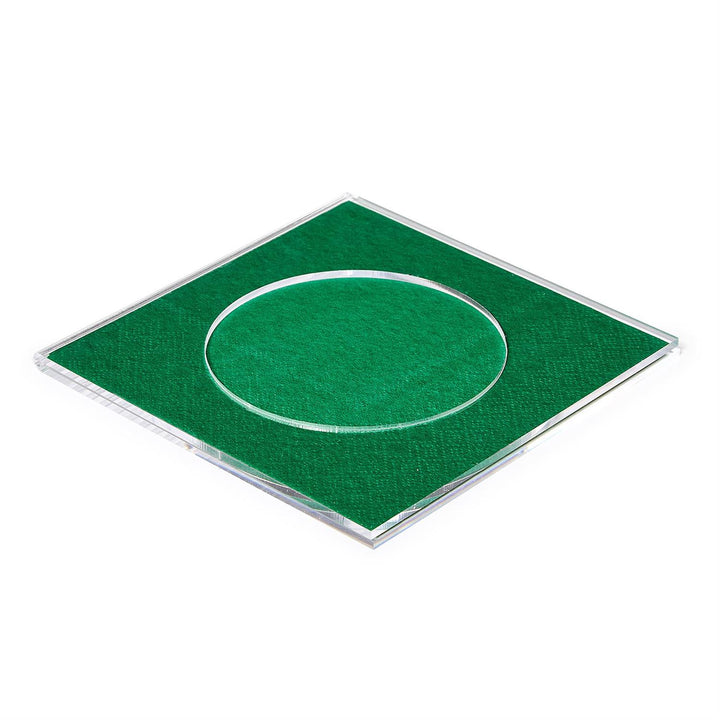 Customizable square clear acrylic coaster with a green felt center insert and circular cutout.