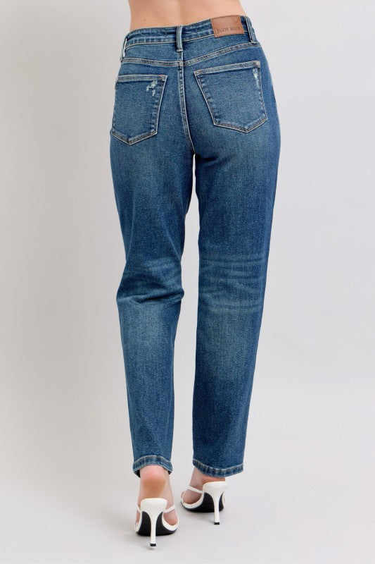 Judy Blue Rigid HW Straight Non-Destroy Jeans in sizes 24-32. High waist, back pockets, subtle distressed details.