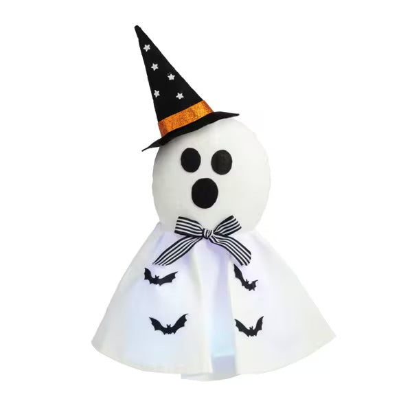 Plush ghost with black witch hat, black and white striped bow, bat cutouts, and subtle LED lights. Available sizes: small, medium, large.