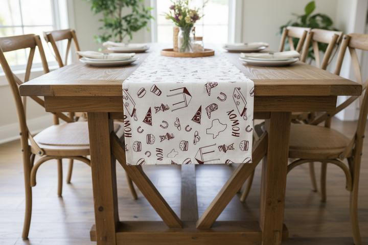 White and Maroon Tailgate Table Runner with Texas-themed designs, available in multiple sizes.