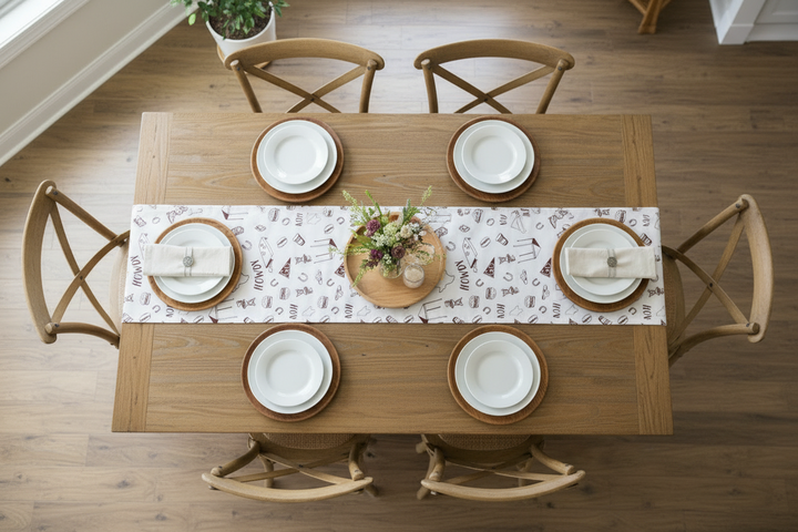 White and Maroon Tailgate Table Runner available in multiple sizes. Simple, elegant design for dining tables.