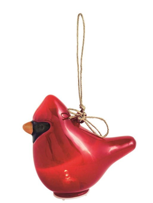 Red glass Cardinal LED ornament shaped like a cardinal with a black mask and orange beak, hanging by a brown string tied in a bow. Sizes available: small, medium, large.