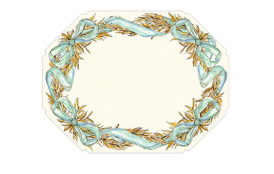 Die-Cut Placemat with a decorative rectangular frame, rounded corners, adorned with golden-brown leaves and light blue ribbons around the border. Blank center space for text/image. Sizes: Standard 12" x 18".