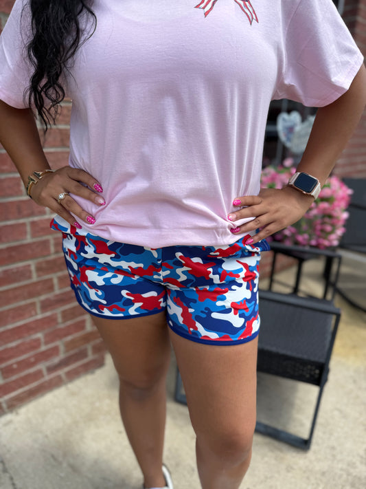 Americana Camo Everyday Shorts shown; available in sizes XS-XXL.
