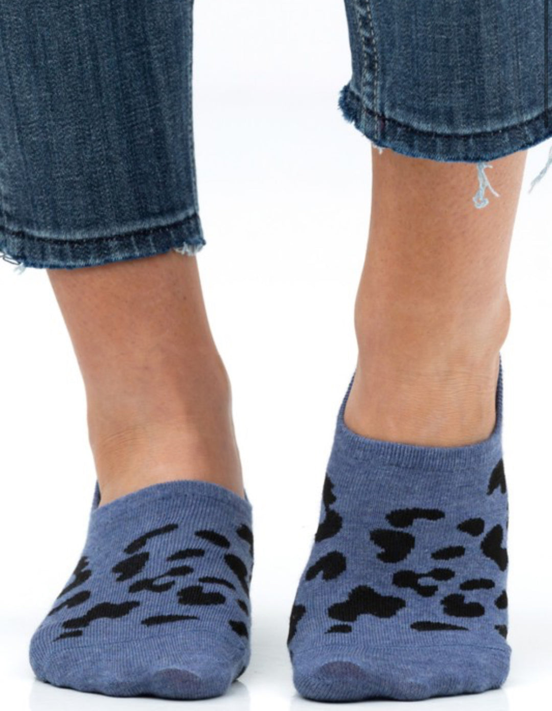 No-Slip Sneaker Socks in Leopard Print, available in sizes S, M, L. Cropped blue jeans not included.