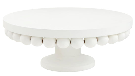 White, round pedestal with wide base and bead spheres below the flat top; available in multiple sizes.