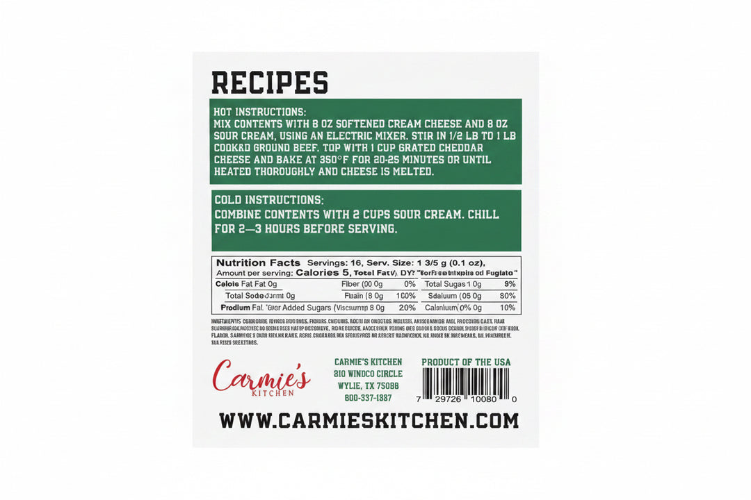 Game Day Collection Dip Mix package back with dip recipes, nutrition facts, logo, and contact info. Size: 1 oz.