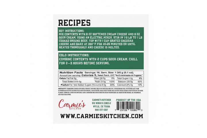 Game Day Collection Dip Mix package back with dip recipes, nutrition facts, logo, and contact info. Size: 1 oz.