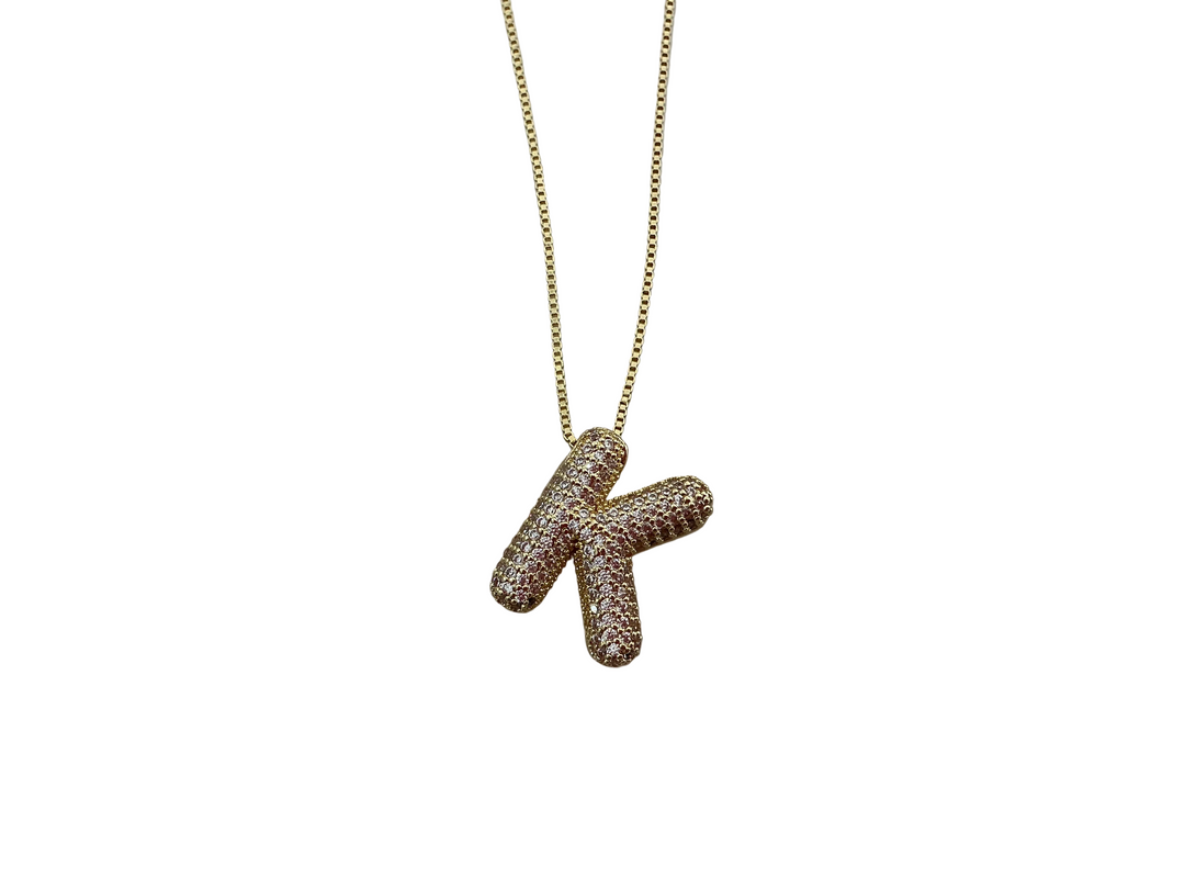 Bubble Initial Rhinestone Necklace with sparkling "K" pendant, rhinestones, delicate beaded chain. Available in various sizes.
