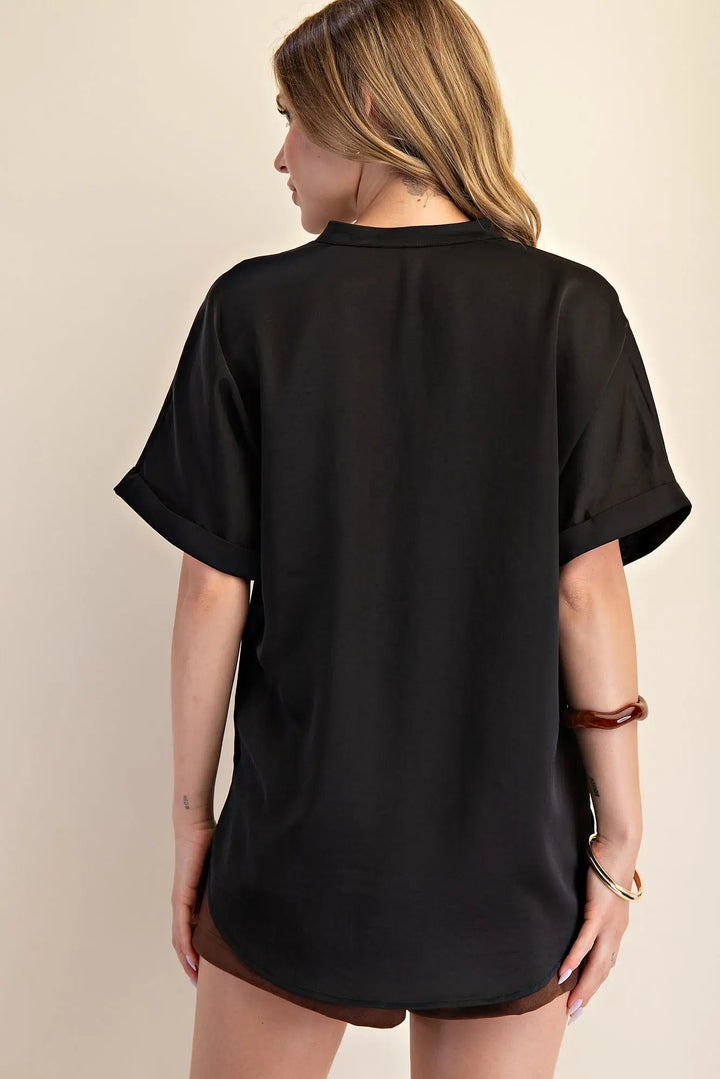 Black Signature Satin Top, loose fit. Available in sizes XS–XL.