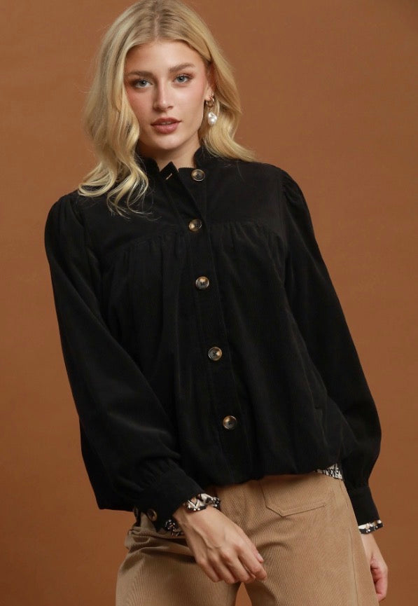 Tan Corduroy Babydoll Jacket, available in sizes XS-XL.