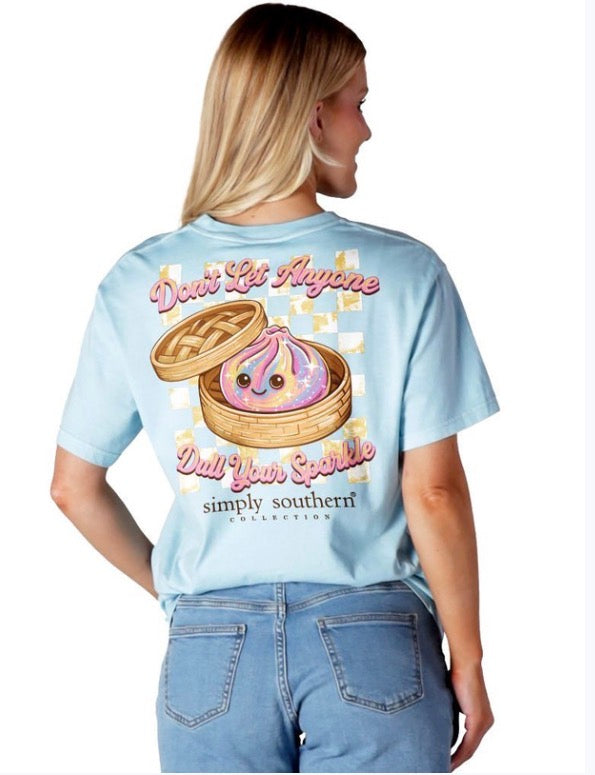 Light blue tee with smiling rainbow-sparkle dumpling, bamboo steamer, and “Don’t let anyone dull your sparkle.” Sizes S-XXL.