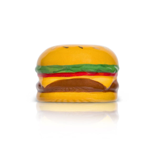 Nora Fleming Minis cheeseburger squishy toy with yellow bun, green lettuce, tomato, cheese, brown patty. Sizes: 2"x2".
