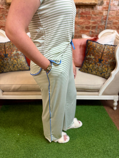 Melody Green Stripe Pants Set with light green and white stripes, blue trim, and relaxed-fit pants. Available in sizes XS–XL.