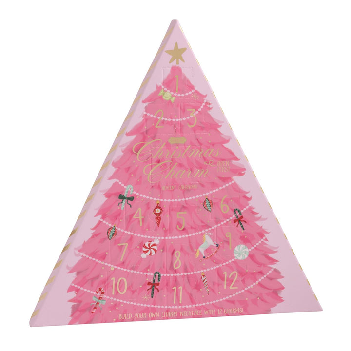 Triangular pink Twelve Days of Christmas tree advent calendar with numbers 1-12 and holiday charm illustrations.