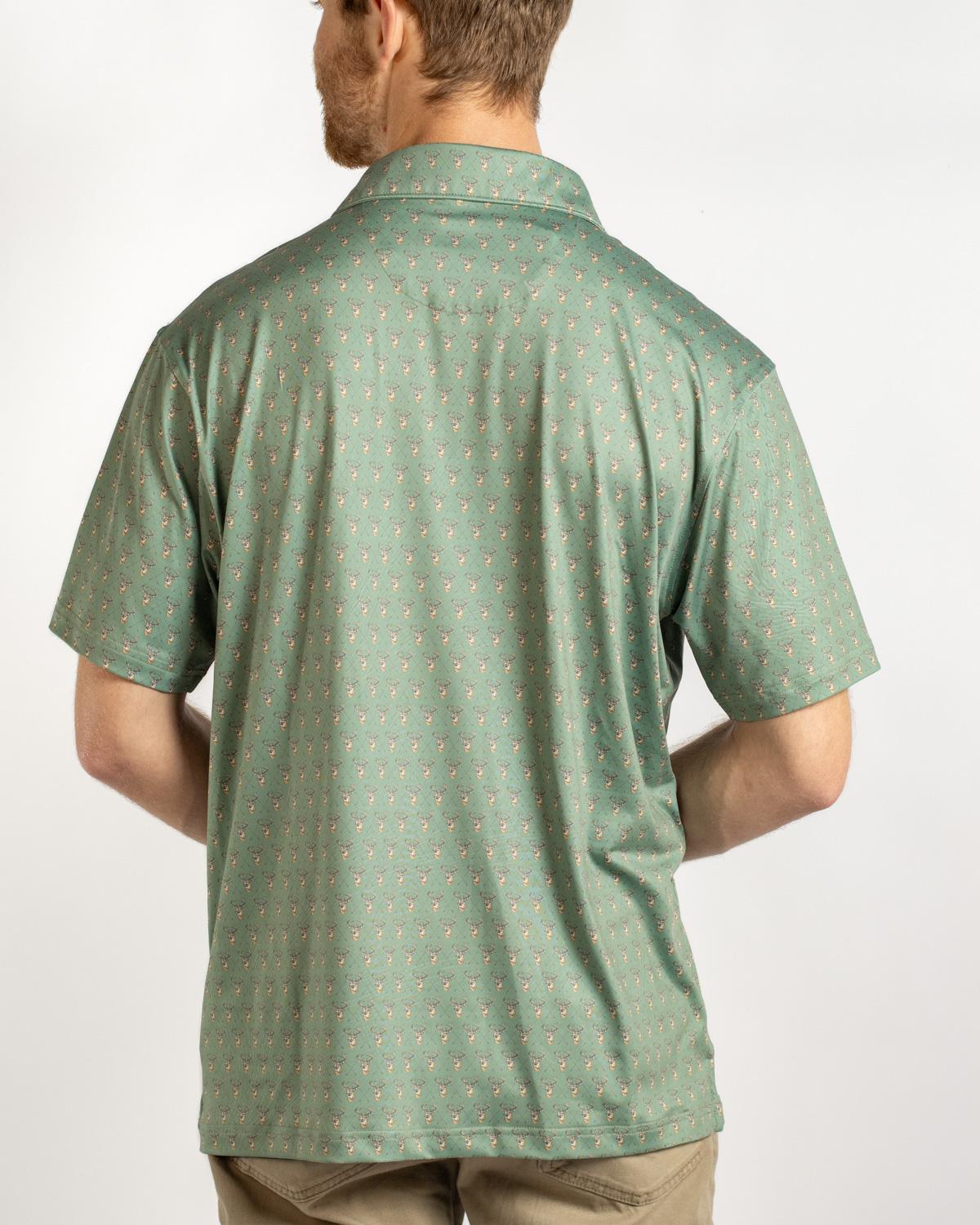 Men’s Bow Hunting Performance Polo, light green with small repeating pattern. Available in S-XXL.