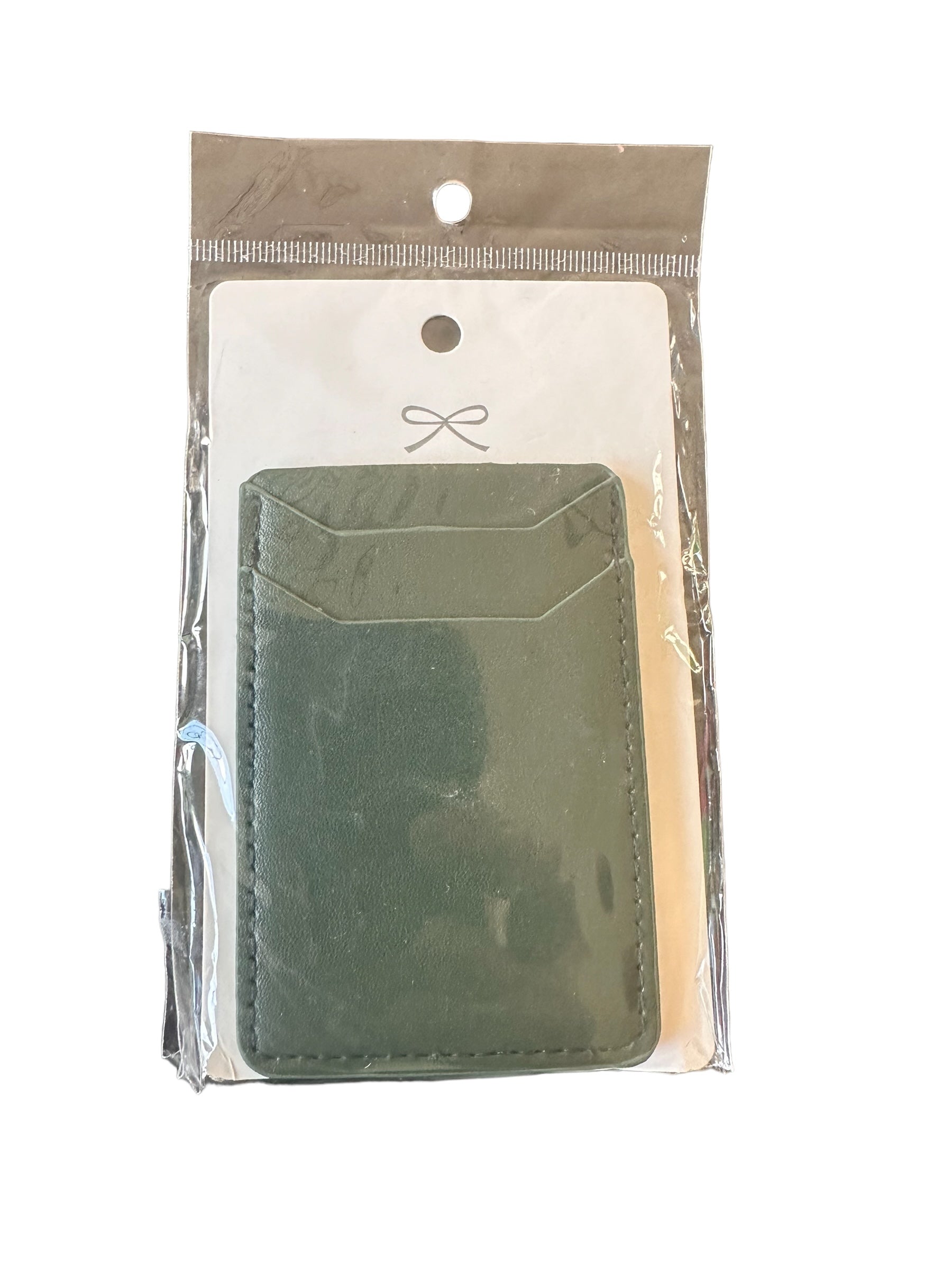 Stylish green leather Phone Card Holder with two card slots. Sizes available: One size. Packaging has a transparent front with a plastic hanging hole at the top.