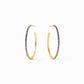 Large CZ hoop earrings with pavé blue gemstones and 18K gold plate. Available sizes: small, medium, large.