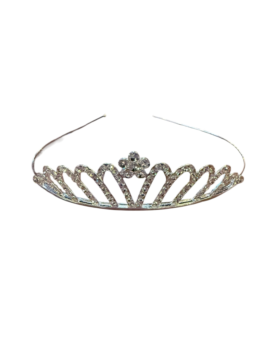 Silver-tone children’s rhinestone crown headband with a scalloped pattern and center flower.