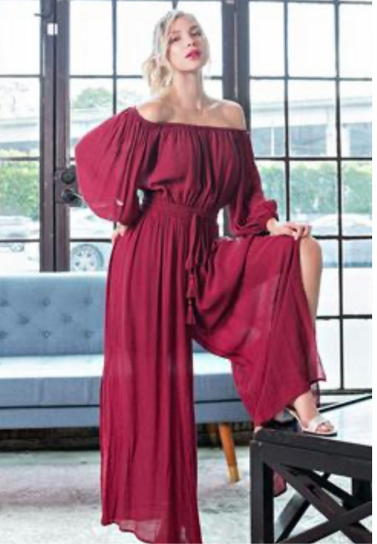Wine Elegant Jumpsuit with Puff Sleeves; available in sizes XS-XL.